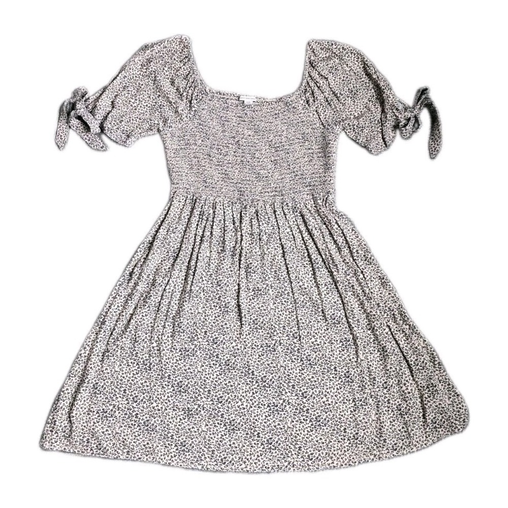 American Eagle Tie-Sleeve Smocked Mini Dress Fit Flare Leopard cottagecore Med